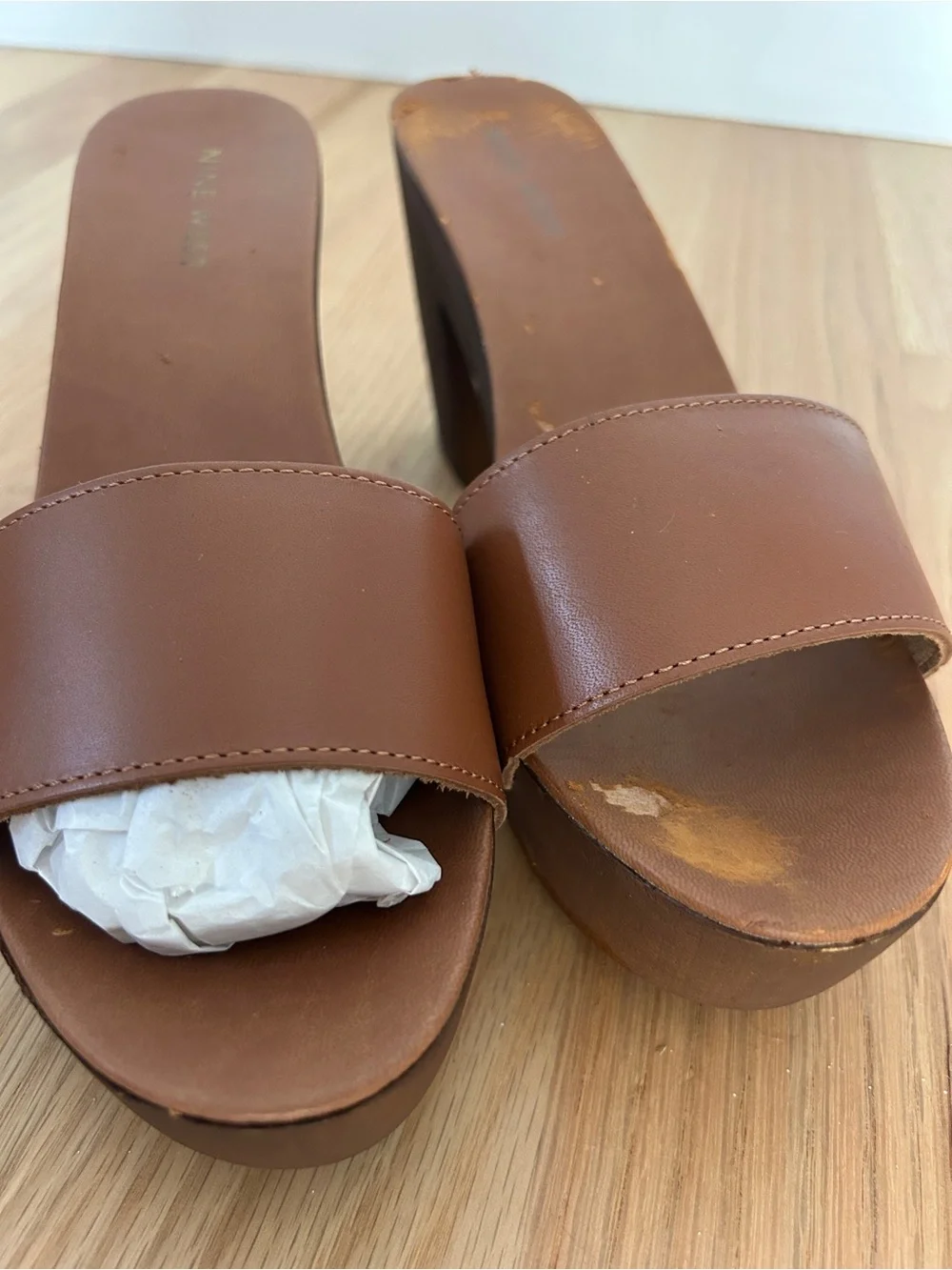 Nine West Tan Leather Platform Slide Sandals